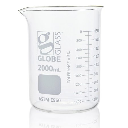 GLOBE SCIENTIFIC Beaker, Globe Glass, 2000mL, Low Form Griffin Style, Dual Graduations, ASTM E960, 4/Box, 4PK 8012000